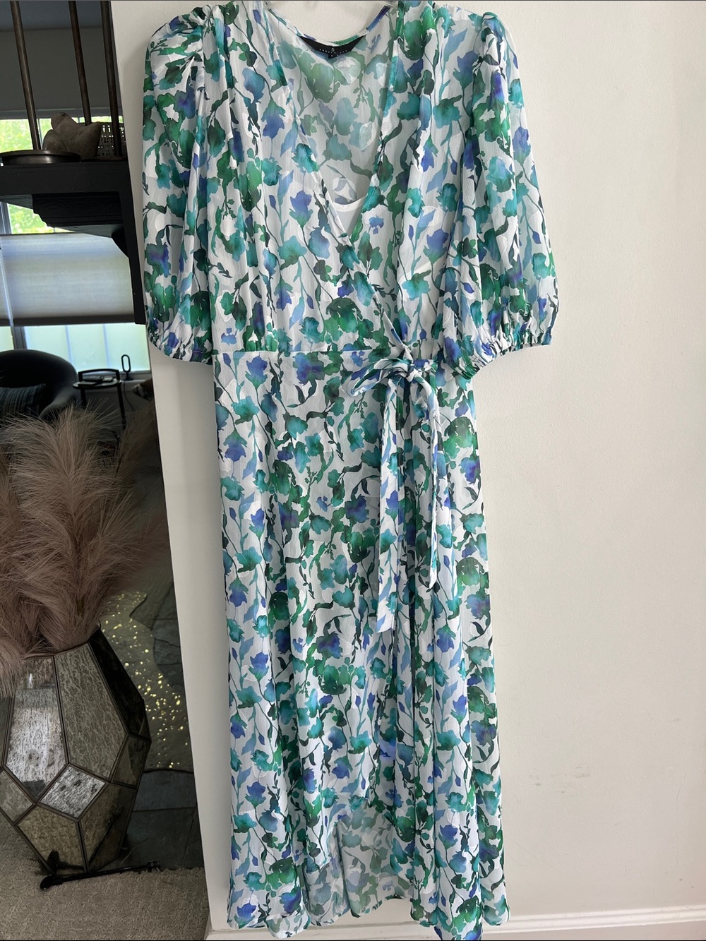 Green & Blue Floral Wrap Midi Dress with Puff Sleeves